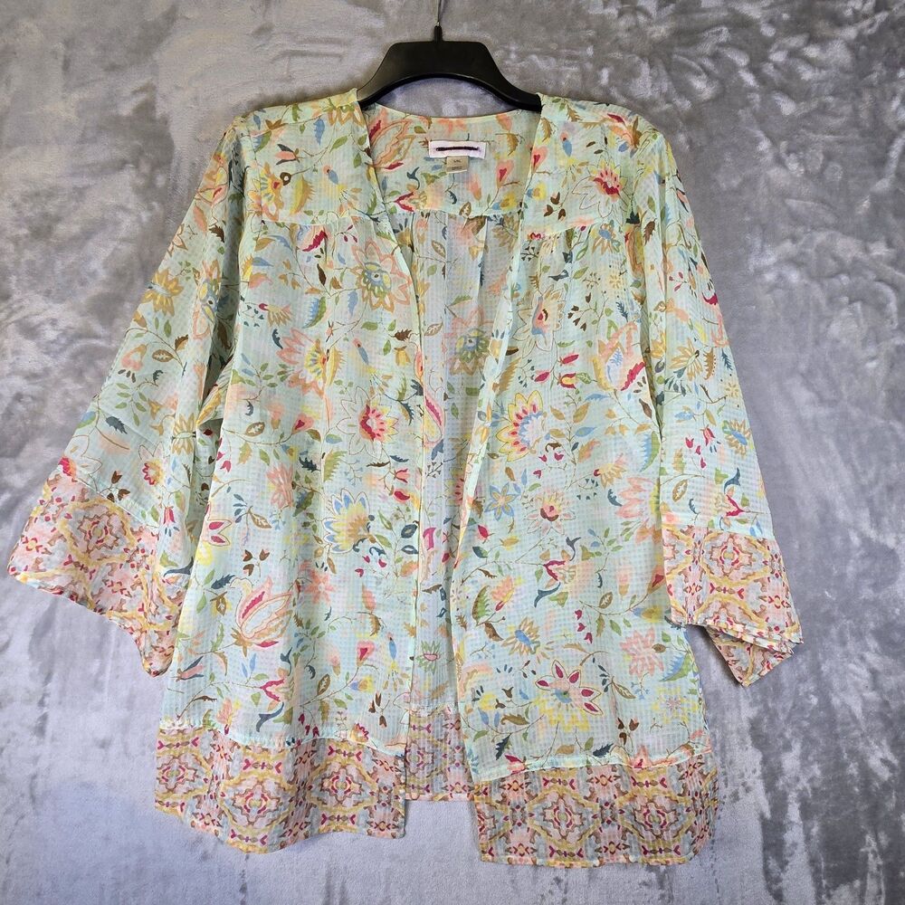 Christopher Banks Open Front Kimono Style Cardigan L/XL Colorful Floral Chiffon